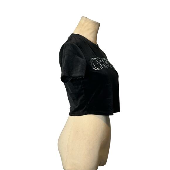 Guess black velvet rhinestones front logo short sleeves t-shirt size XS - Picture 9 of 16